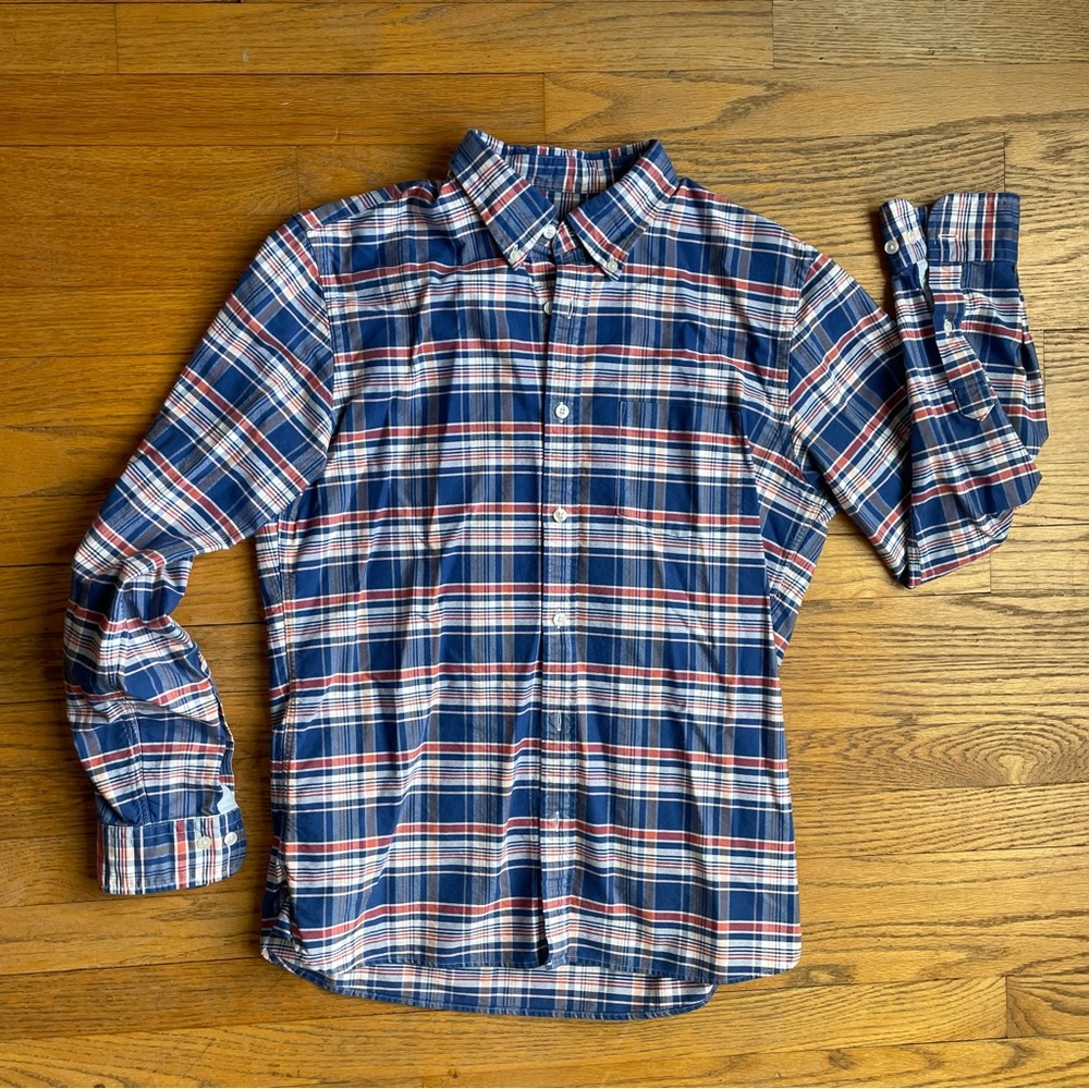 Brooks Brothers 100% Cotton Plaid Button Down Red Fleece Blue Red Size Medium
